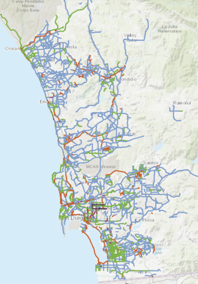 A map of San Diego's cycling Infrastructure which can be used to plan cycling routes in San Diego.